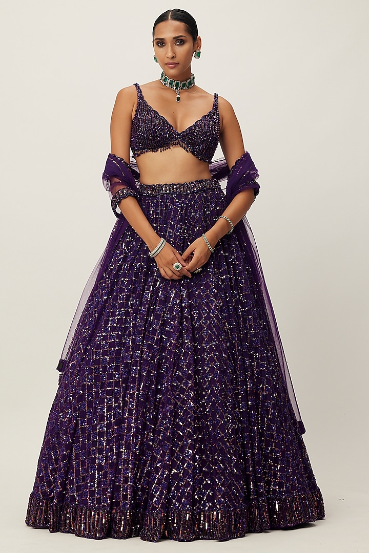 Purple Organza Hand Embroidered Bridal lehenga for 22 Lehenga Set by Vvani By Vani Vats at Pernia's Pop Up Shop
