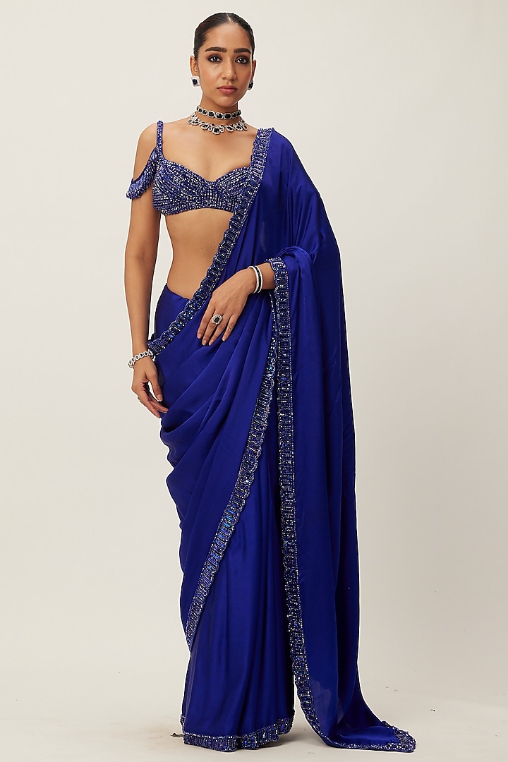 Blue Satin Hand Embroidered Saree Set by Vvani By Vani Vats at Pernia's Pop Up Shop