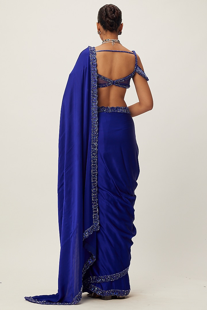 Blue Satin Hand Embroidered Wedding Saree Set by Vvani By Vani Vats at Pernia's Pop Up Shop