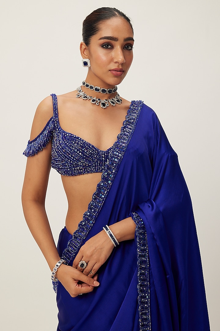 Blue Satin Hand Embroidered Wedding Saree Set by Vvani By Vani Vats at Pernia's Pop Up Shop