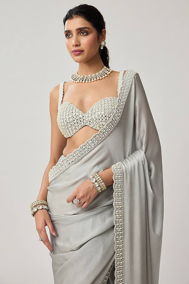Powder Grey Chiffon Pearl Embroidered Wedding Saree Set by Vvani by Vani Vats at Pernia's Pop Up Shop