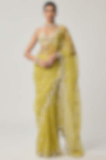 Fern Green Organza Mirror Embroidered Wedding Saree Set by Vvani by Vani Vats at Pernia's Pop Up Shop