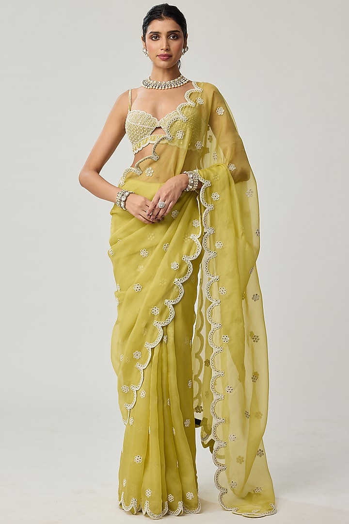 Fern Green Organza Mirror Embroidered Wedding Saree Set by Vvani by Vani Vats at Pernia's Pop Up Shop