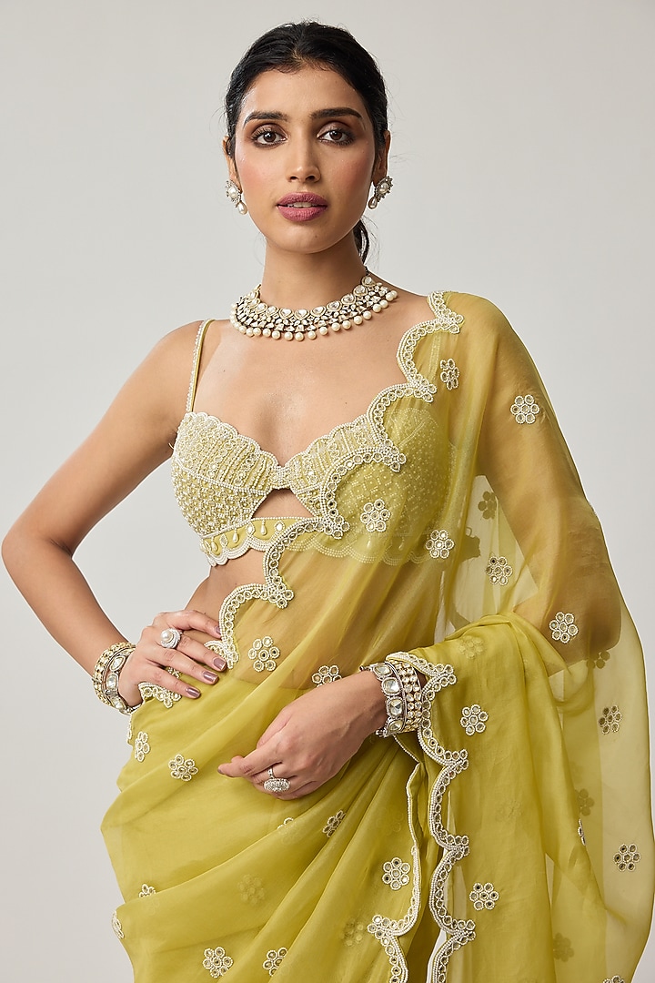 Fern Green Organza Mirror Embroidered Wedding Saree Set by Vvani by Vani Vats at Pernia's Pop Up Shop