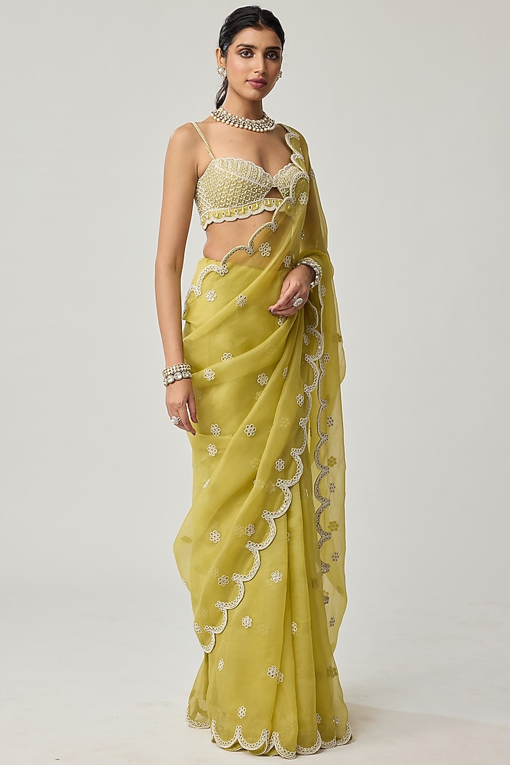 Fern Green Organza Mirror Embroidered Wedding Saree Set by Vvani by Vani Vats at Pernia's Pop Up Shop