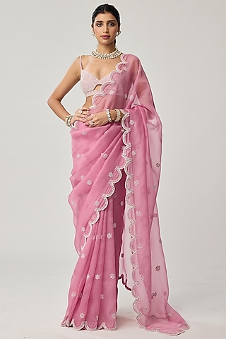 Onion Pink Organza Mirror Embroidered Saree Set by Vvani by Vani Vats