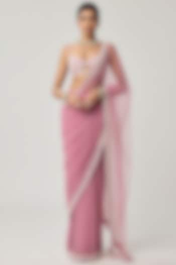 Onion Pink Net Pearl Embroidered Wedding Saree Set by Vvani by Vani Vats at Pernia's Pop Up Shop