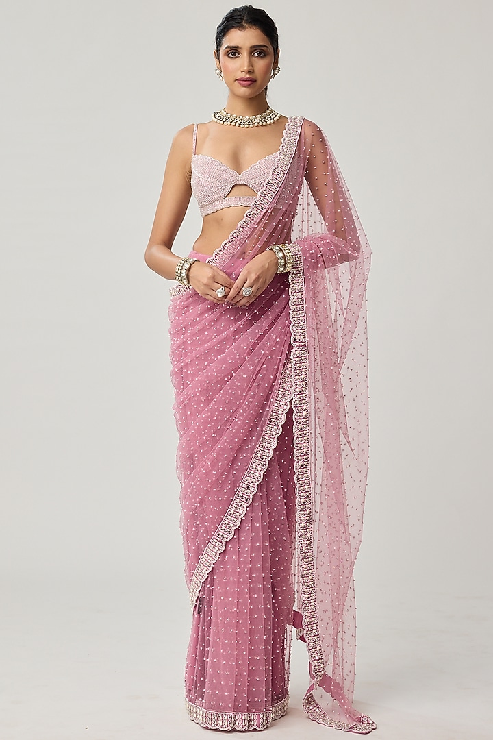 Onion Pink Net Pearl Embroidered Wedding Saree Set by Vvani by Vani Vats at Pernia's Pop Up Shop