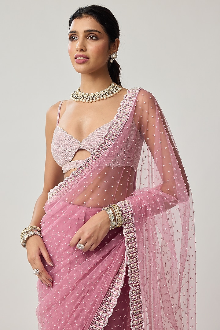 Onion Pink Net Pearl Embroidered Wedding Saree Set by Vvani by Vani Vats at Pernia's Pop Up Shop