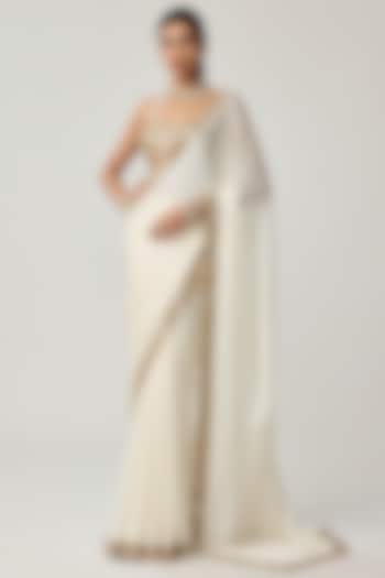 Off-White Satin Mirror Hand Embroidered Wedding Saree Set by Vvani by Vani Vats at Pernia's Pop Up Shop