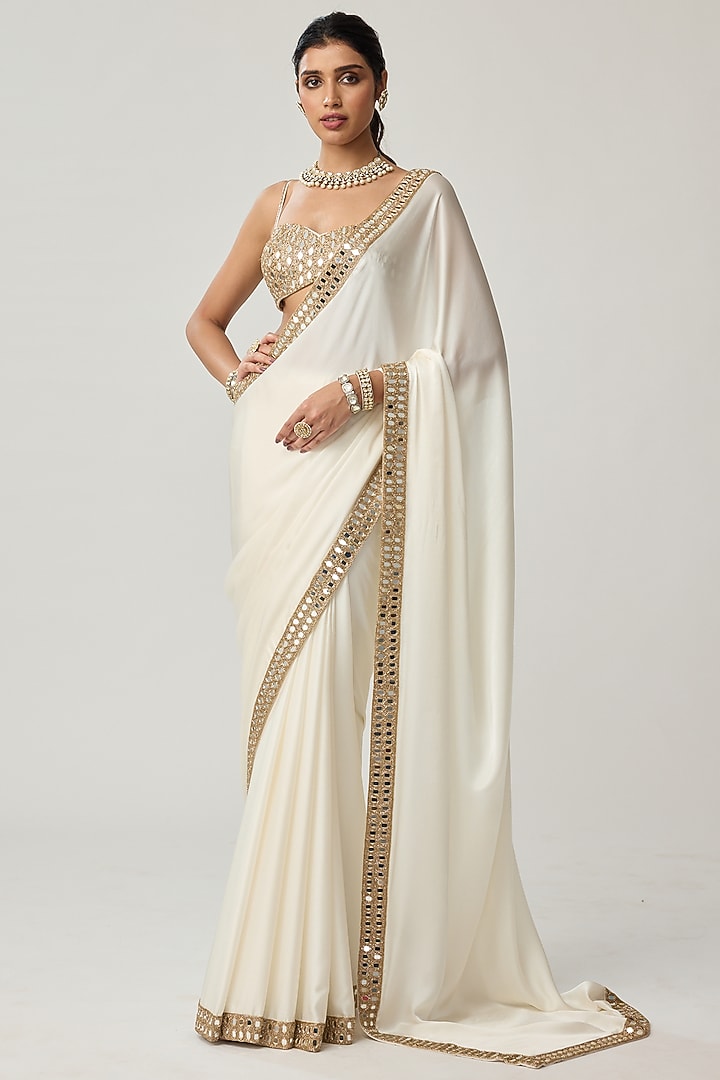Off-White Satin Mirror Hand Embroidered Wedding Saree Set by Vvani by Vani Vats at Pernia's Pop Up Shop