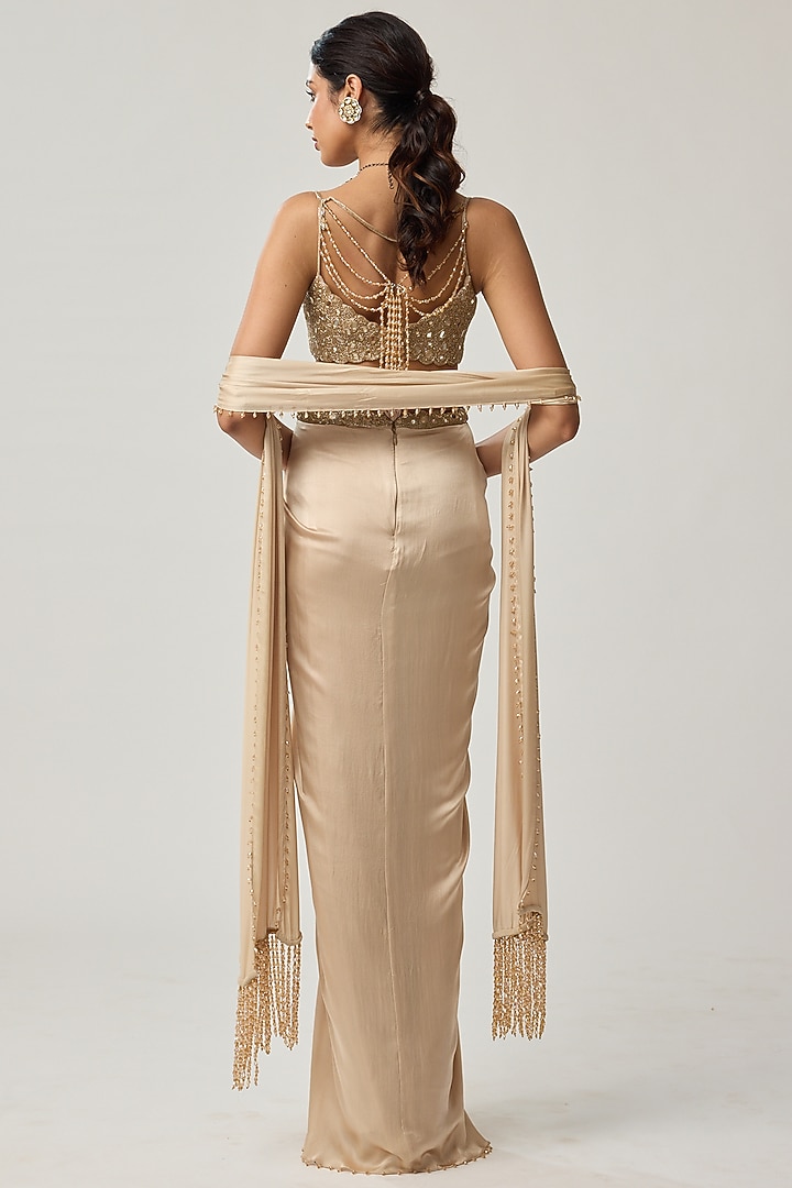 Light Beige Satin Draped Skirt Set by Vvani by Vani Vats at Pernia's Pop Up Shop