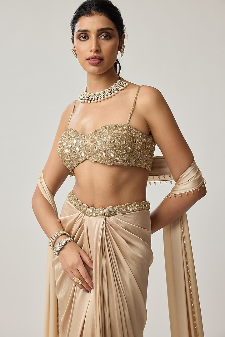 Light Beige Satin Draped Skirt Set by Vvani by Vani Vats at Pernia's Pop Up Shop