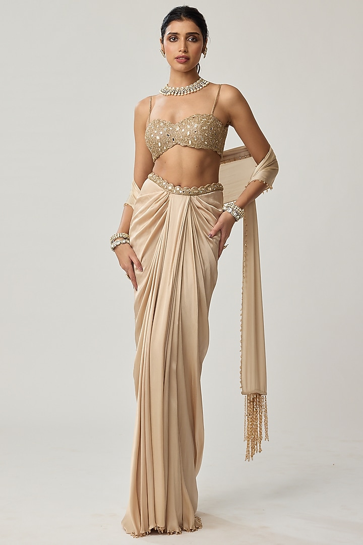 Light Beige Satin Draped Skirt Set by Vvani by Vani Vats at Pernia's Pop Up Shop