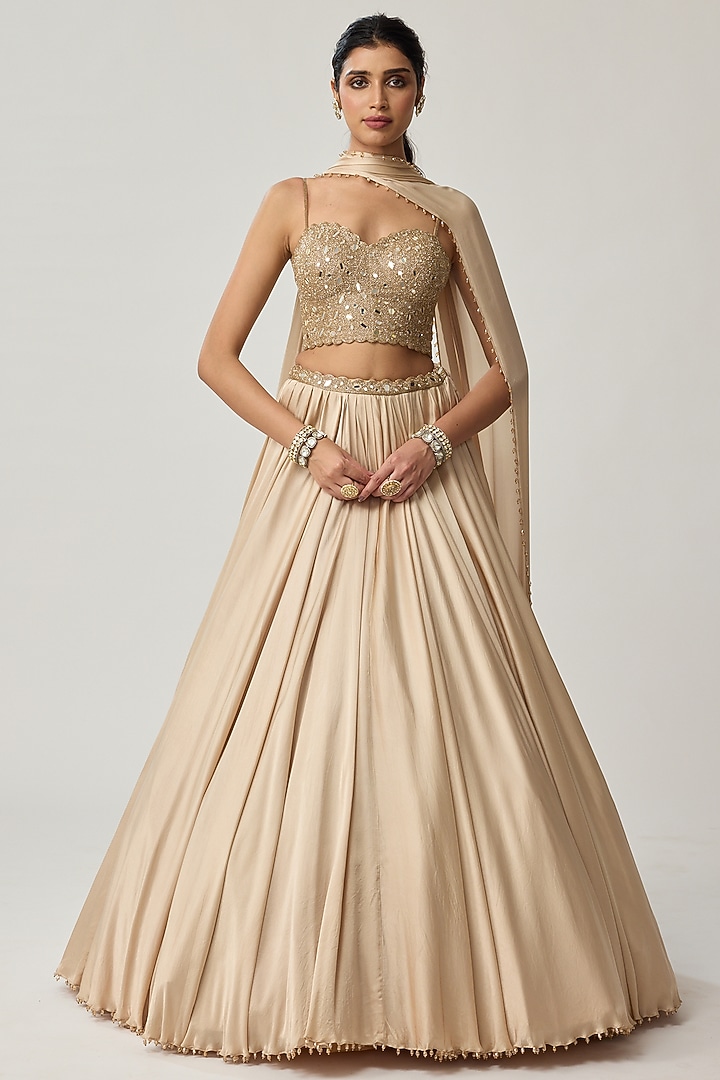 Light Beige Satin Wedding Lehenga Set by Vvani by Vani Vats at Pernia's Pop Up Shop