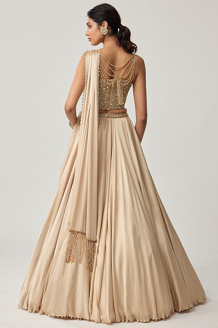 Light Beige Satin Wedding Lehenga Set by Vvani by Vani Vats at Pernia's Pop Up Shop