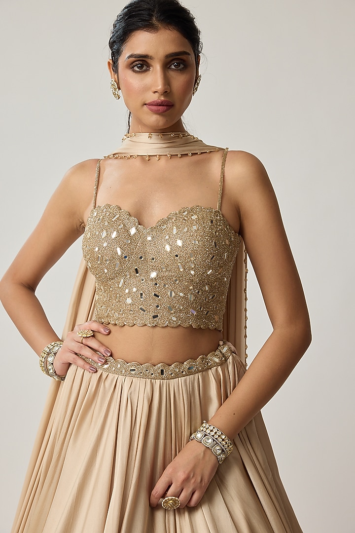 Light Beige Satin Wedding Lehenga Set by Vvani by Vani Vats at Pernia's Pop Up Shop