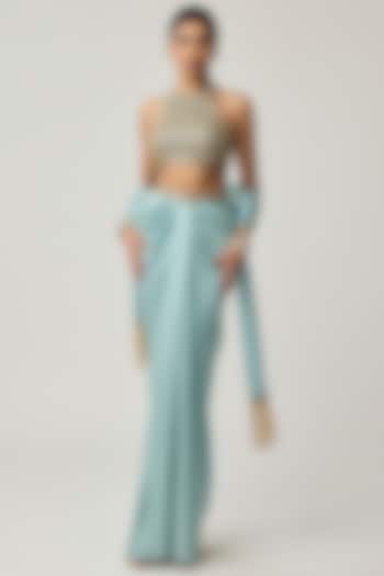 Powder Blue Satin Draped Skirt Set by Vvani by Vani Vats at Pernia's Pop Up Shop