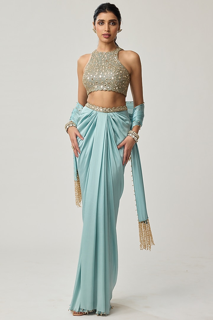 Powder Blue Satin Draped Skirt Set by Vvani by Vani Vats at Pernia's Pop Up Shop