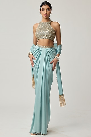Powder Blue Satin Draped Skirt Set by Vvani by Vani Vats