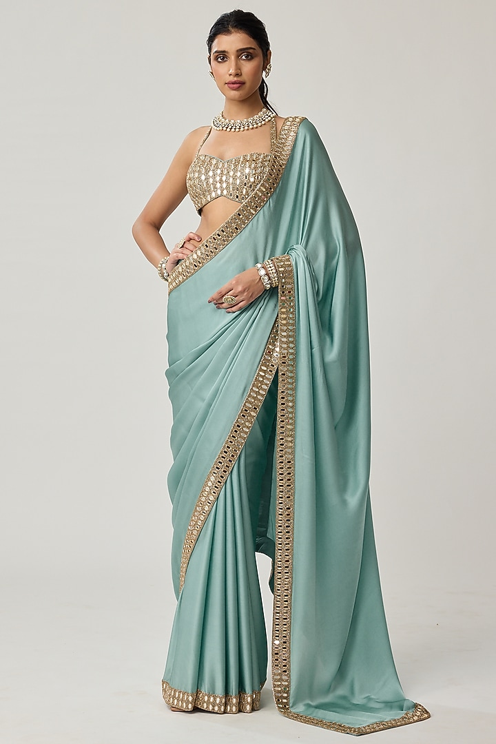 Powder Blue Georgette Mirror Embroidered Wedding Saree Set by Vvani by Vani Vats at Pernia's Pop Up Shop