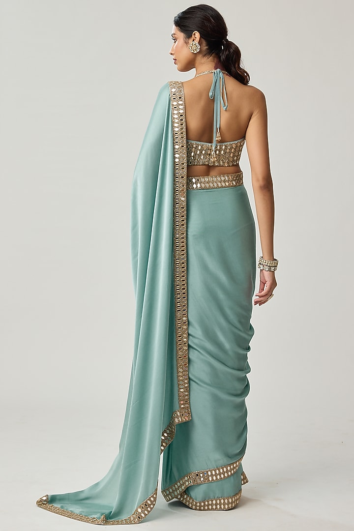 Powder Blue Georgette Mirror Embroidered Wedding Saree Set by Vvani by Vani Vats at Pernia's Pop Up Shop