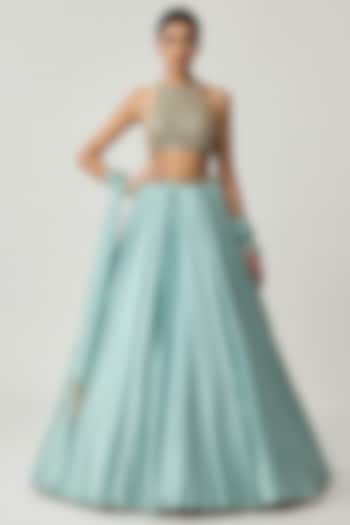 Powder Blue Satin Wedding Lehenga Set by Vvani by Vani Vats at Pernia's Pop Up Shop