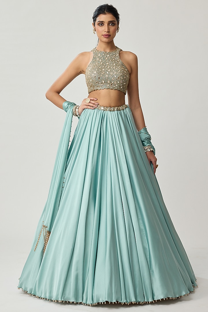 Powder Blue Satin Wedding Lehenga Set by Vvani by Vani Vats at Pernia's Pop Up Shop
