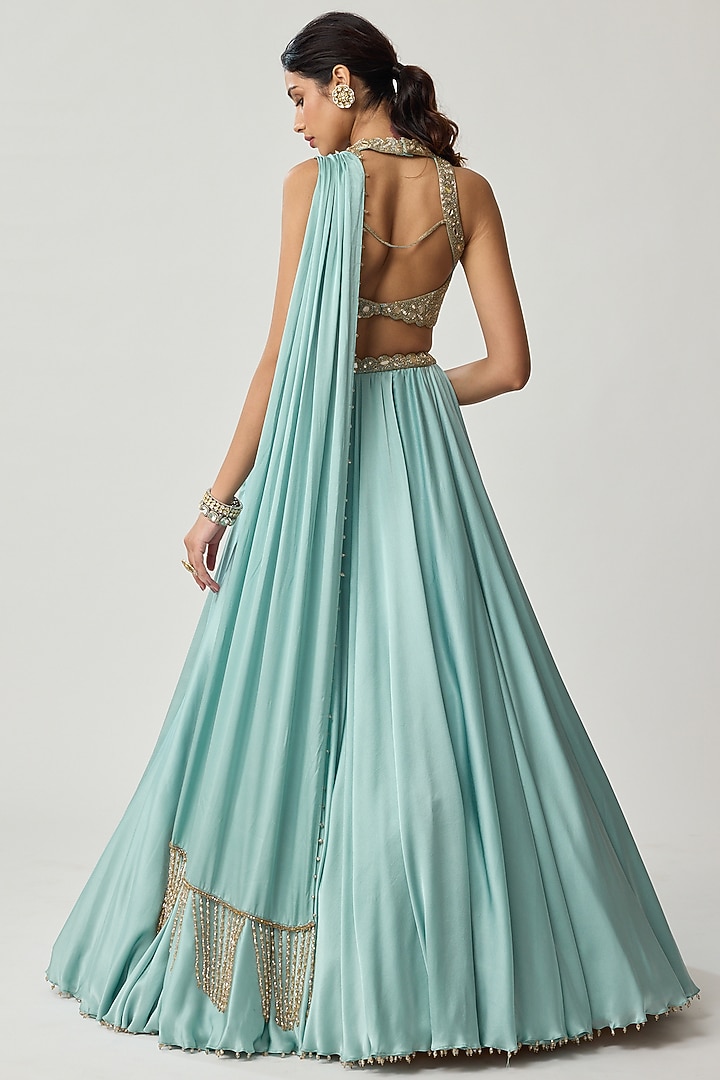 Powder Blue Satin Wedding Lehenga Set by Vvani by Vani Vats at Pernia's Pop Up Shop