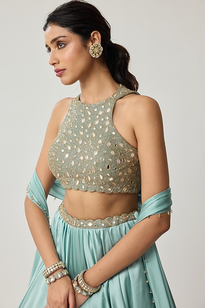 Powder Blue Satin Wedding Lehenga Set by Vvani by Vani Vats at Pernia's Pop Up Shop