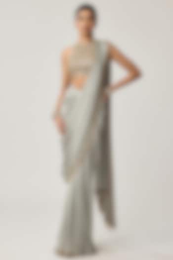 Powder Grey Satin Mirror Hand Embroidered Wedding Saree Set by Vvani by Vani Vats at Pernia's Pop Up Shop
