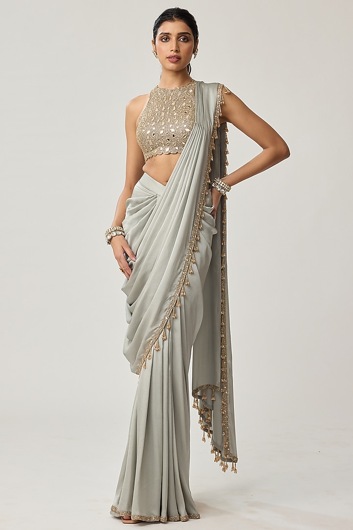 Powder Grey Satin Mirror Hand Embroidered Wedding Saree Set by Vvani by Vani Vats at Pernia's Pop Up Shop
