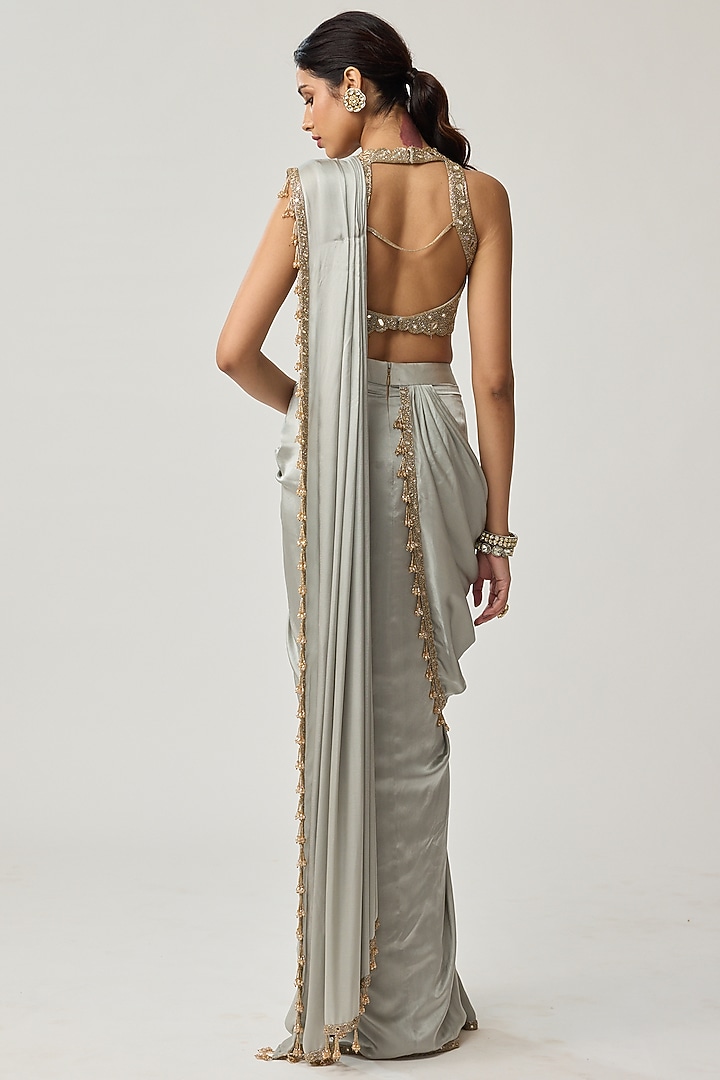 Powder Grey Satin Mirror Hand Embroidered Wedding Saree Set by Vvani by Vani Vats at Pernia's Pop Up Shop