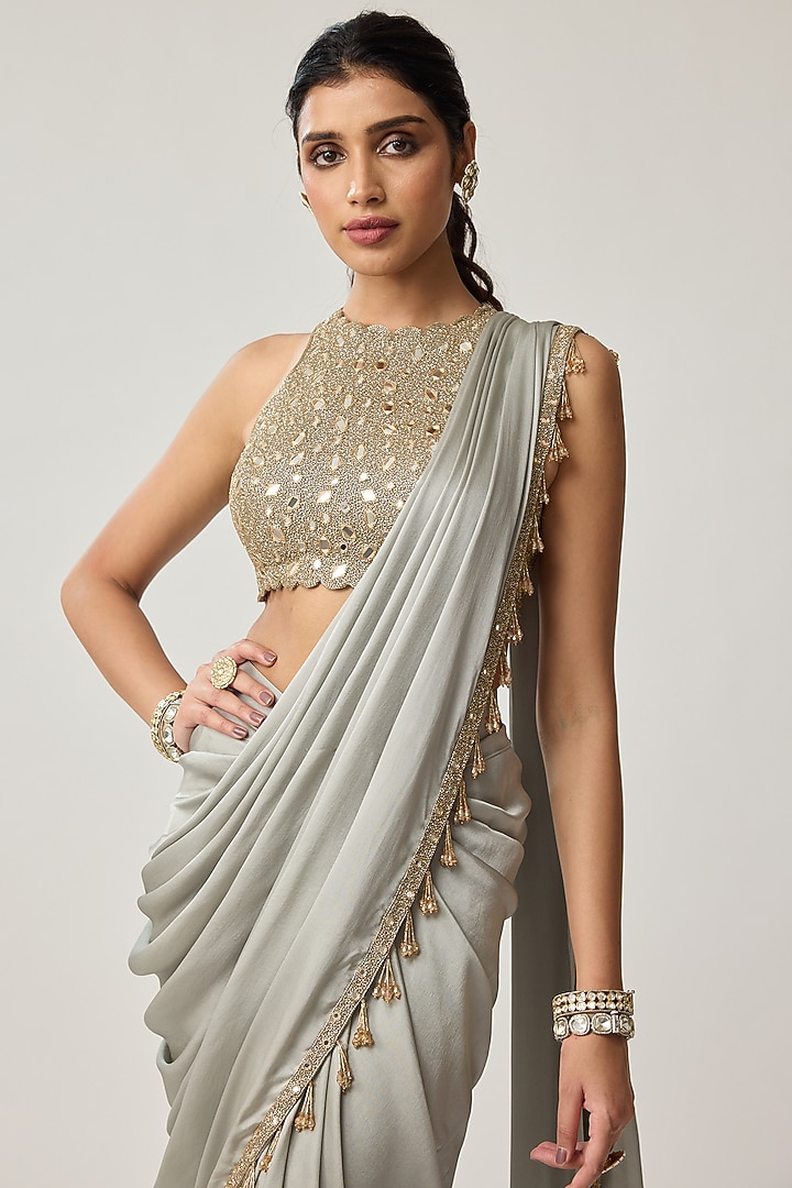 Powder Grey Satin Mirror Hand Embroidered Wedding Saree Set by Vvani by Vani Vats at Pernia's Pop Up Shop