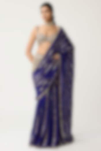Persian Blue Georgette Mirror Hand Embroidered Reception Saree Set by Vvani by Vani Vats at Pernia's Pop Up Shop