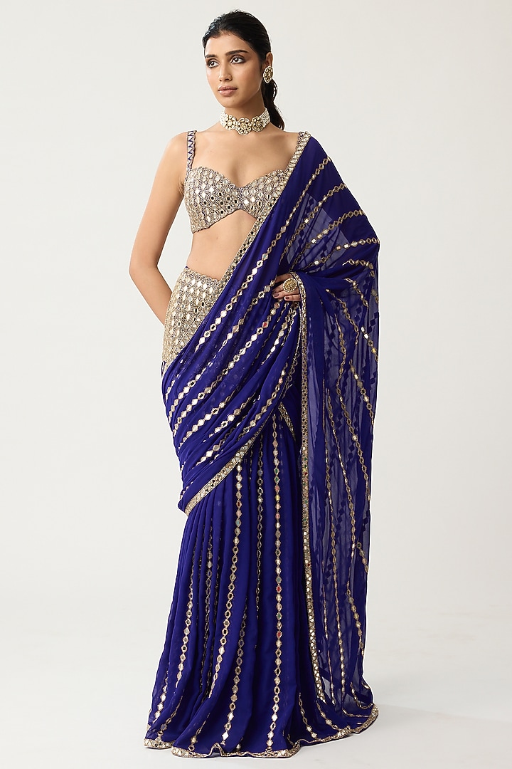 Persian Blue Georgette Mirror Hand Embroidered Reception Saree Set by Vvani by Vani Vats at Pernia's Pop Up Shop