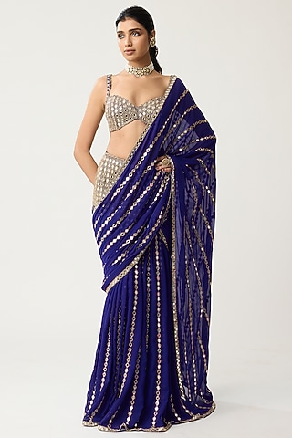 Persian Blue Georgette Mirror Hand Embroidered Saree Set by Vvani by Vani Vats