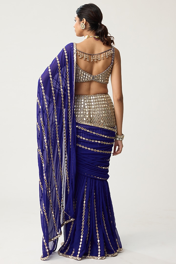 Persian Blue Georgette Mirror Hand Embroidered Reception Saree Set by Vvani by Vani Vats at Pernia's Pop Up Shop