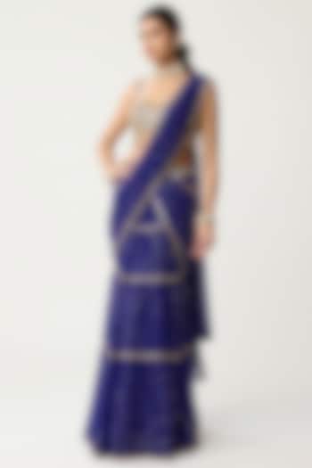 Persian Blue Georgette Mirror Hand Embroidered Tiered Wedding Saree Set by Vvani by Vani Vats at Pernia's Pop Up Shop