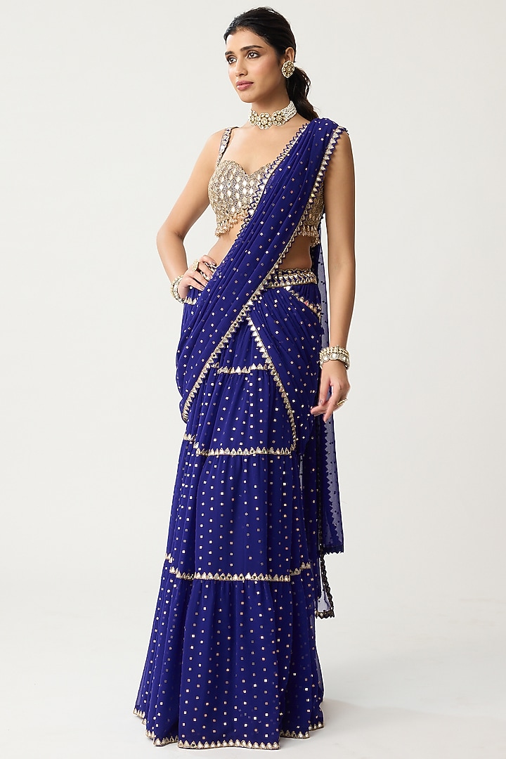 Persian Blue Georgette Mirror Hand Embroidered Tiered Wedding Saree Set by Vvani by Vani Vats at Pernia's Pop Up Shop
