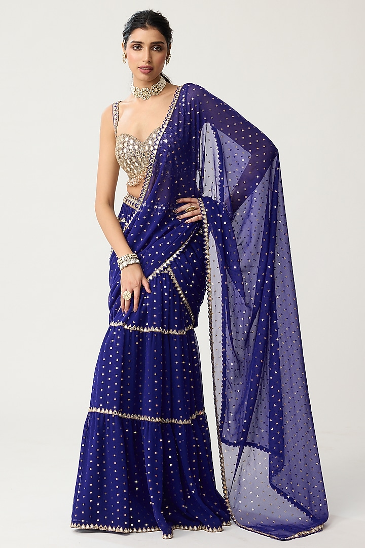 Persian Blue Georgette Mirror Hand Embroidered Tiered Wedding Saree Set by Vvani by Vani Vats at Pernia's Pop Up Shop