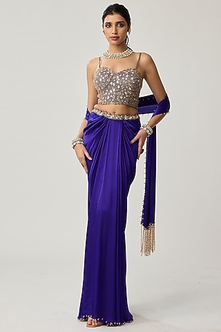 Persian Blue Satin Draped Skirt Set by Vvani by Vani Vats