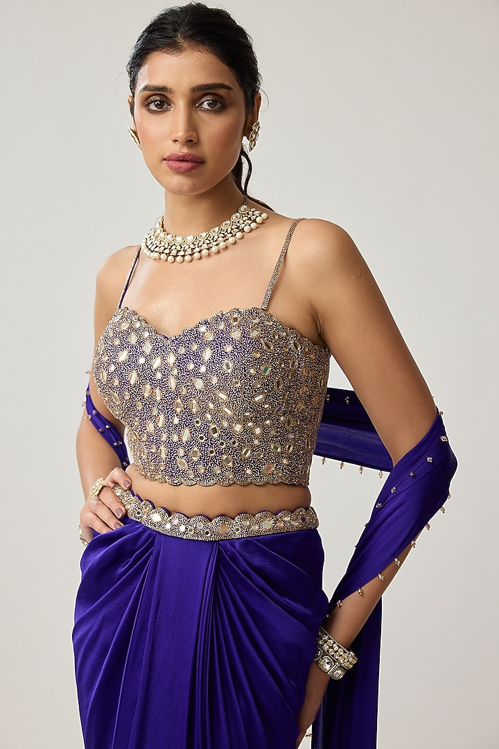 Persian Blue Satin Draped Skirt Set by Vvani by Vani Vats at Pernia's Pop Up Shop