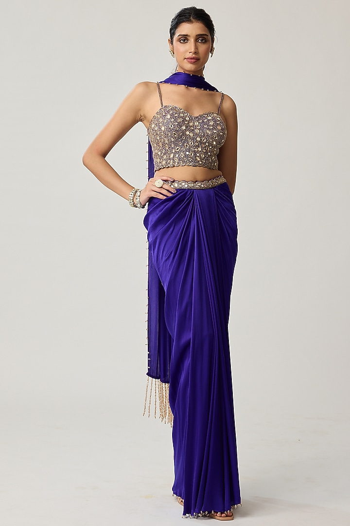 Persian Blue Satin Draped Skirt Set by Vvani by Vani Vats at Pernia's Pop Up Shop