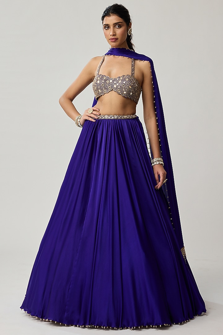 Persian Blue Satin Wedding Lehenga Set by Vvani by Vani Vats at Pernia's Pop Up Shop
