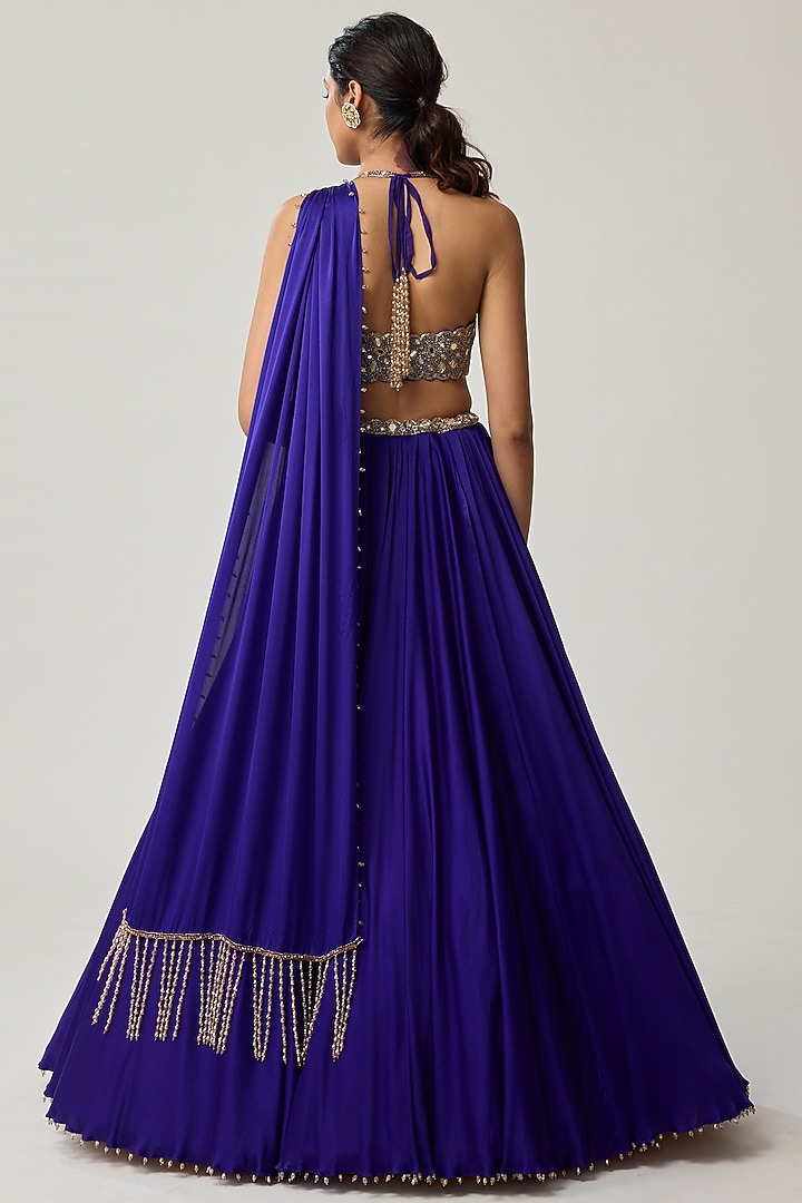 Persian Blue Satin Wedding Lehenga Set by Vvani by Vani Vats at Pernia's Pop Up Shop