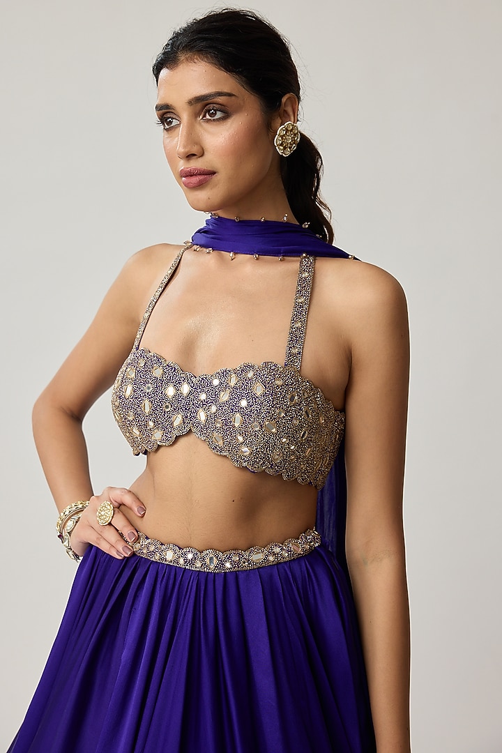 Persian Blue Satin Wedding Lehenga Set by Vvani by Vani Vats at Pernia's Pop Up Shop