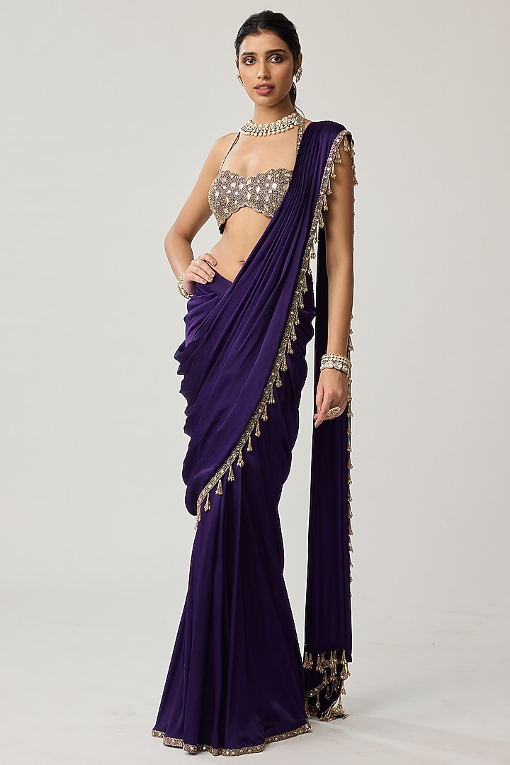 Royal Purple Satin Draped Wedding Saree Set by Vvani by Vani Vats at Pernia's Pop Up Shop