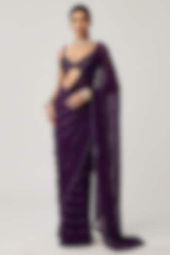 Royal Purple Georgette Mirror Embroidered Reception Saree Set by Vvani by Vani Vats at Pernia's Pop Up Shop