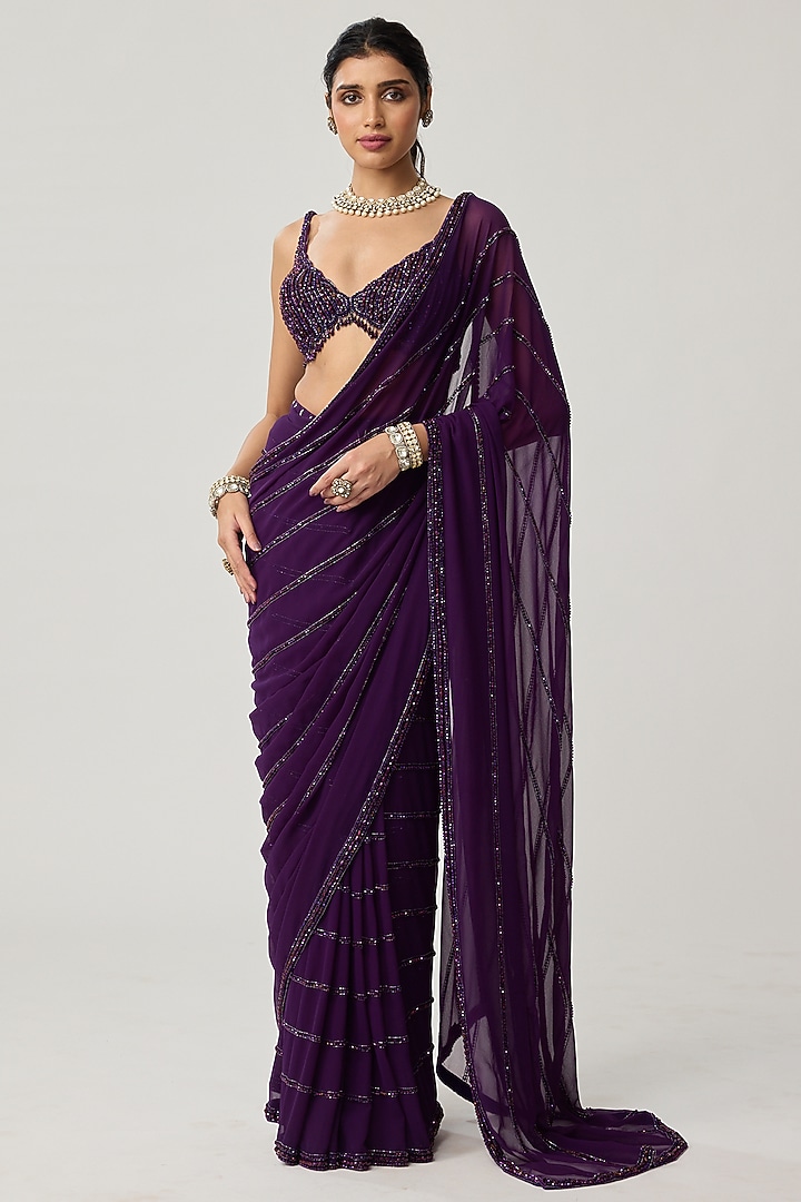 Royal Purple Georgette Mirror Embroidered Reception Saree Set by Vvani by Vani Vats at Pernia's Pop Up Shop